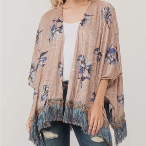 FAUX VELVET FRINGE FLORAL KIMONO